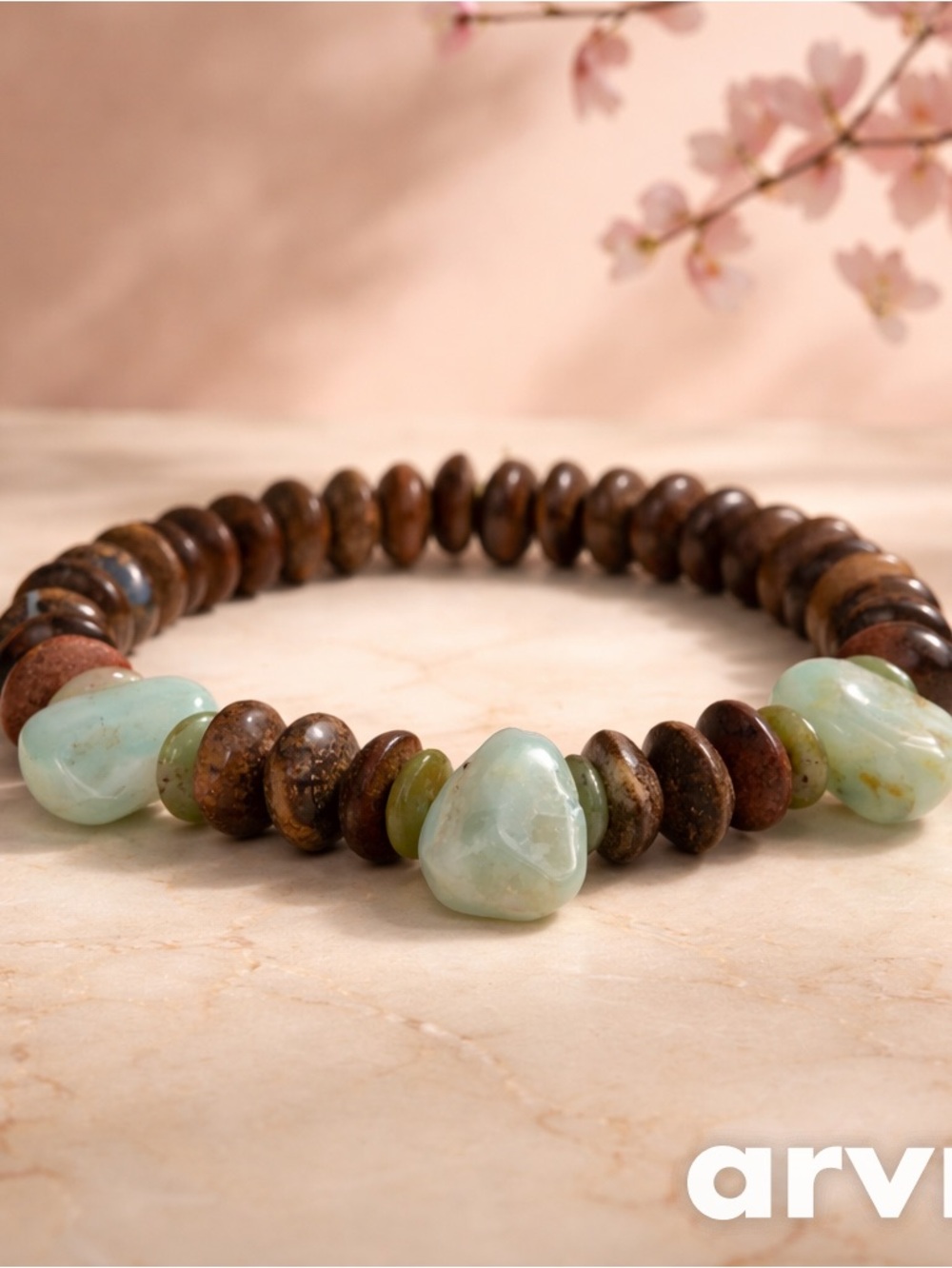 Sea Blue Peruvian Opal, Chrysoprase and Brown Boulder Opal Stretch Bracelet.